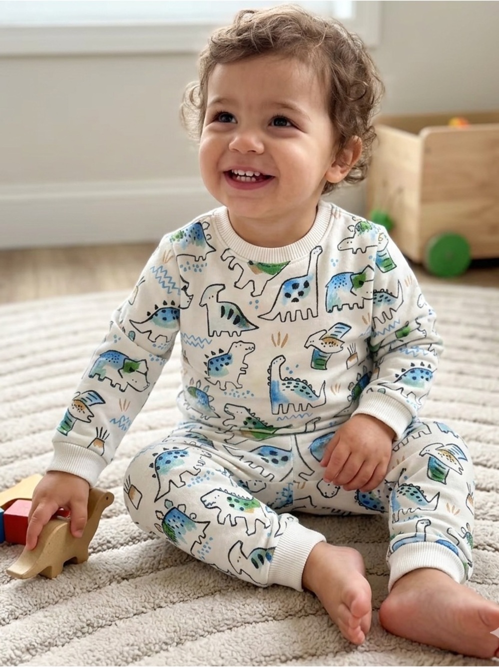 Garanimals White Kids Pajama Set with Blue & Green Dinosaur Print